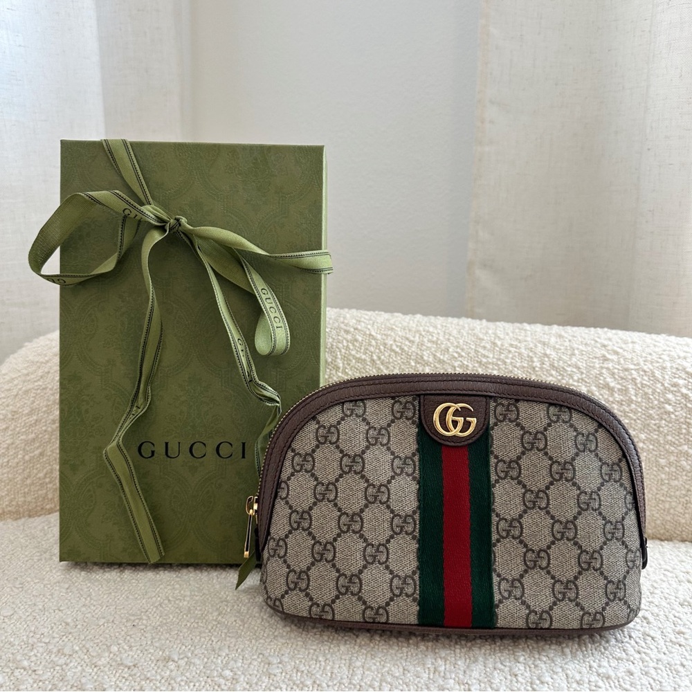 Gucci GG Pattern Cosmetic Case with Red and Green Stripe